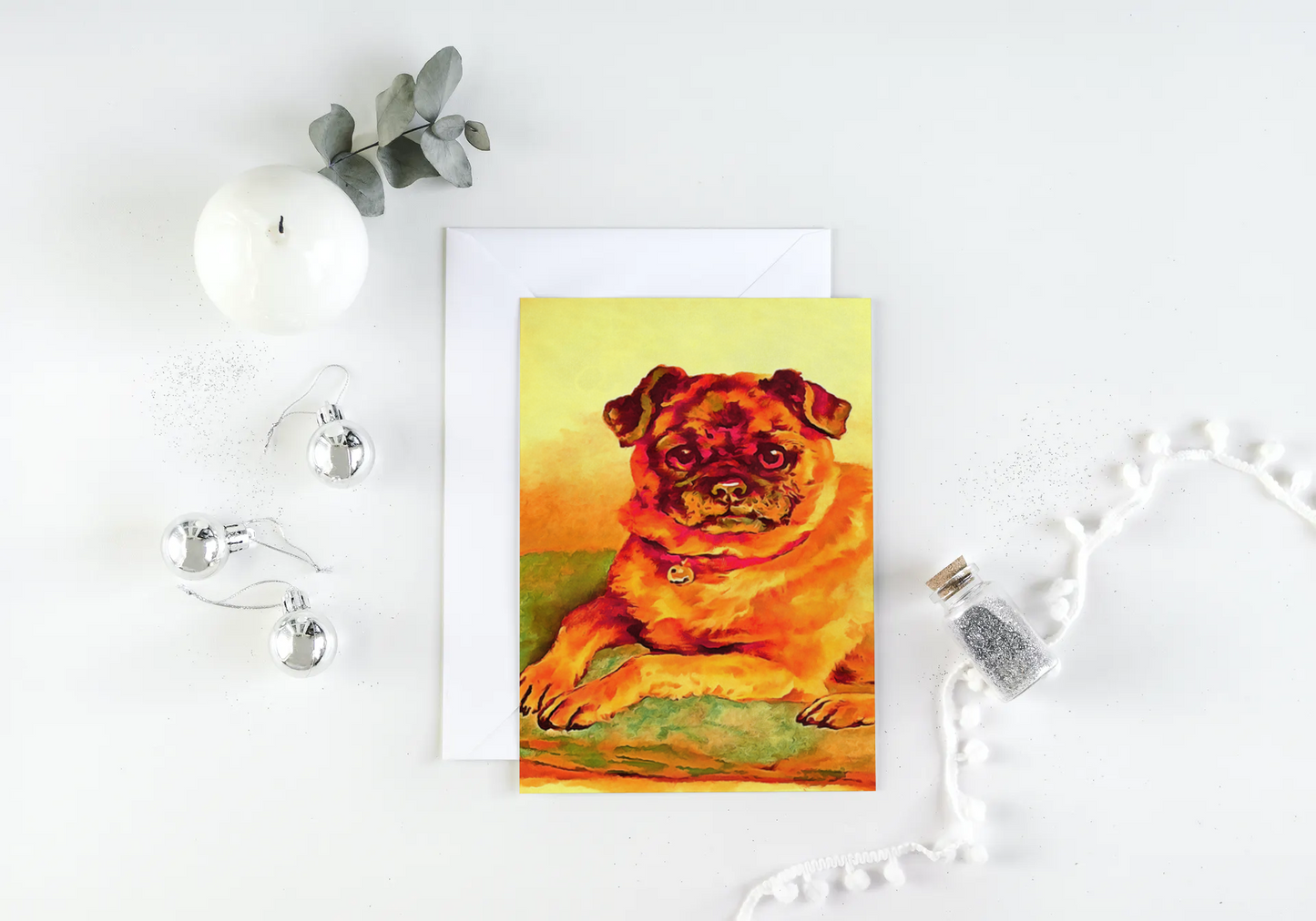 Any occasion greeting Card, blank inside, write anything, Pug dog, design 18