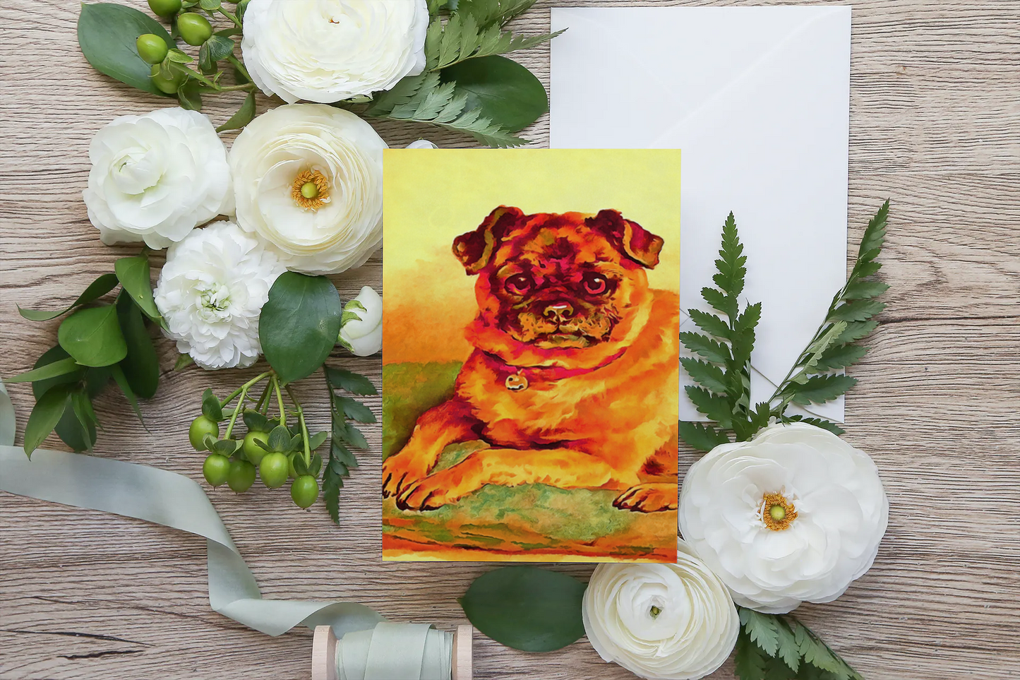 Any occasion greeting Card, blank inside, write anything, Pug dog, design 18