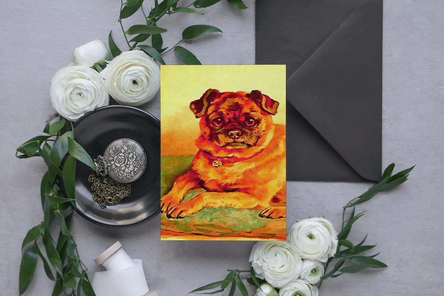 Any occasion greeting Card, blank inside, write anything, Pug dog, design 18