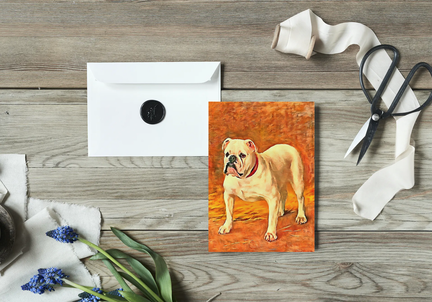 Any occasion greeting Card, blank inside, write anything, dog, Bulldog, design 8