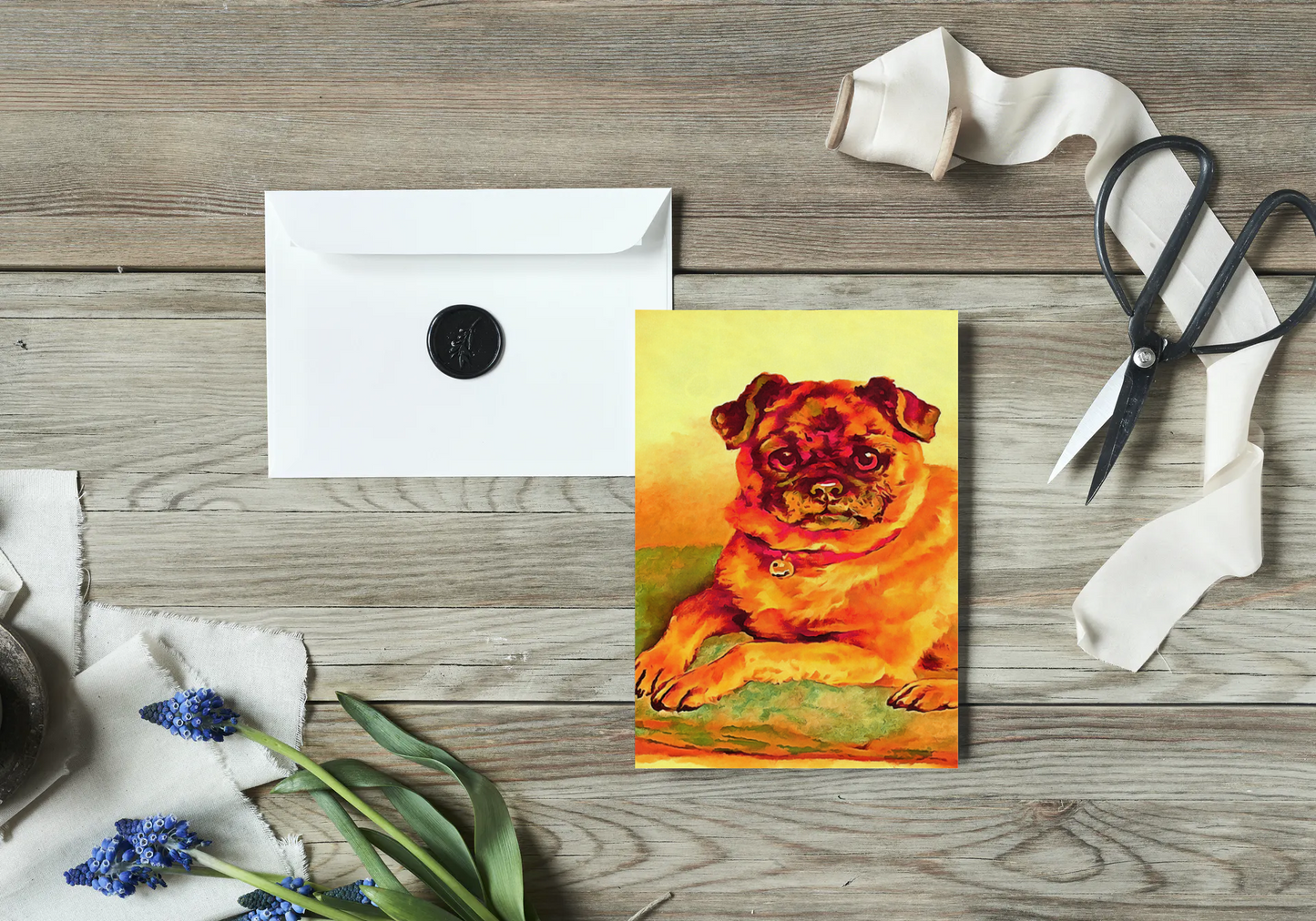 Any occasion greeting Card, blank inside, write anything, Pug dog, design 18