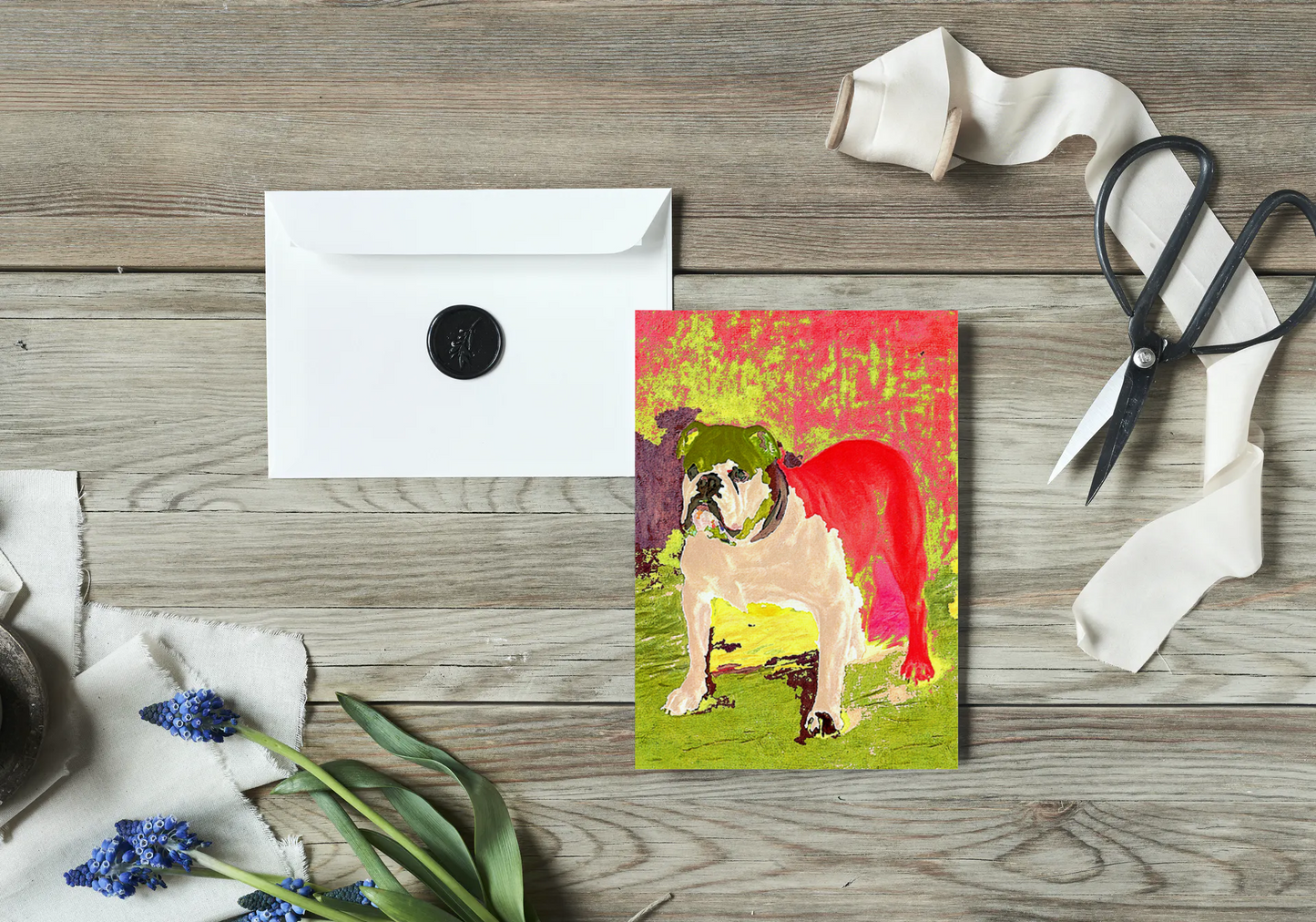 Any occasion greeting Card, blank inside, write anything, dog, Bulldog, design 8B