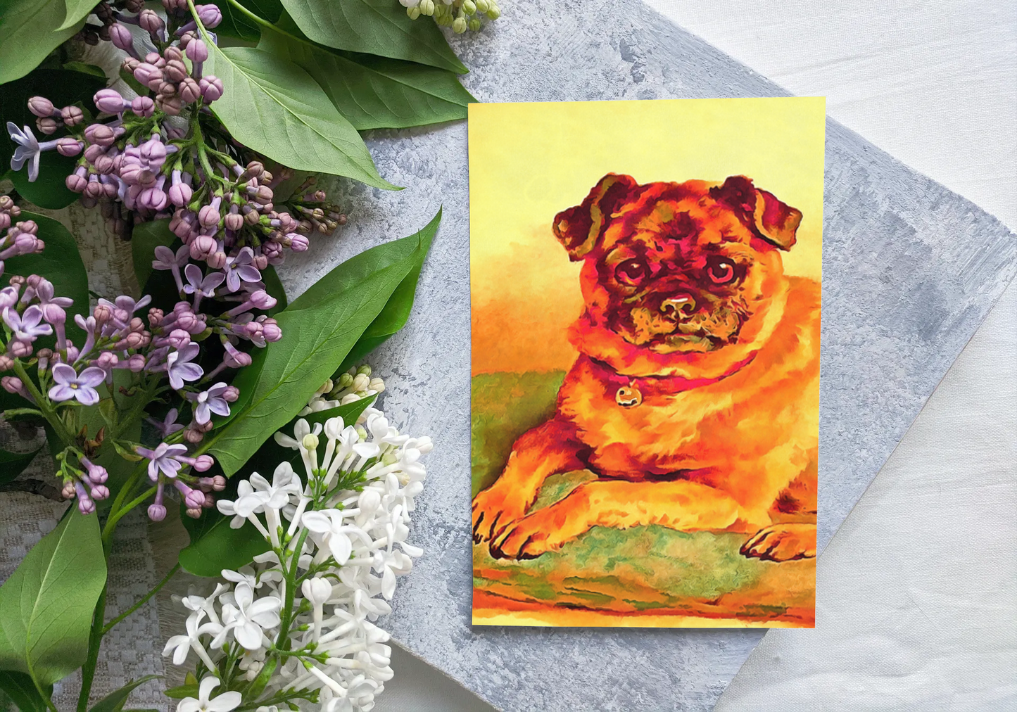 Any occasion greeting Card, blank inside, write anything, Pug dog, design 18